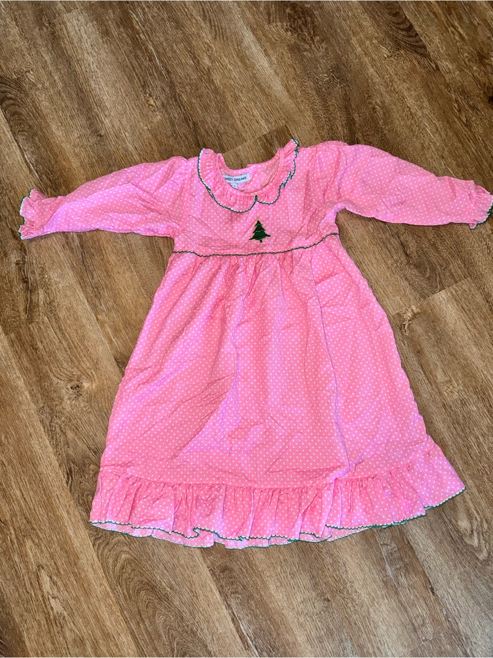 Sweet Dreams Pink Polka Dot Nightgown with Green Tree Accent